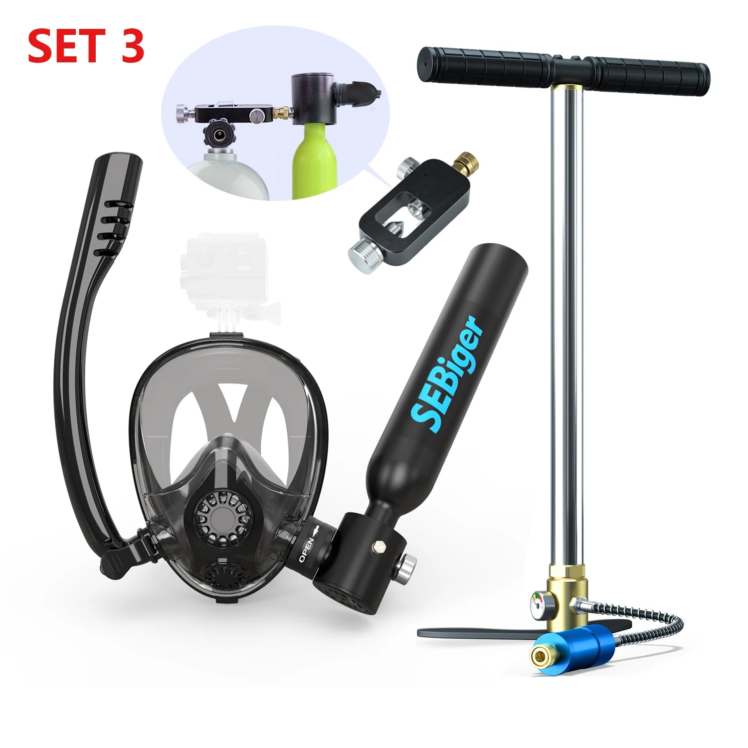 0.5L Diving Tank and Full Face Mask. 5-10 minutes underwater, Refillable.