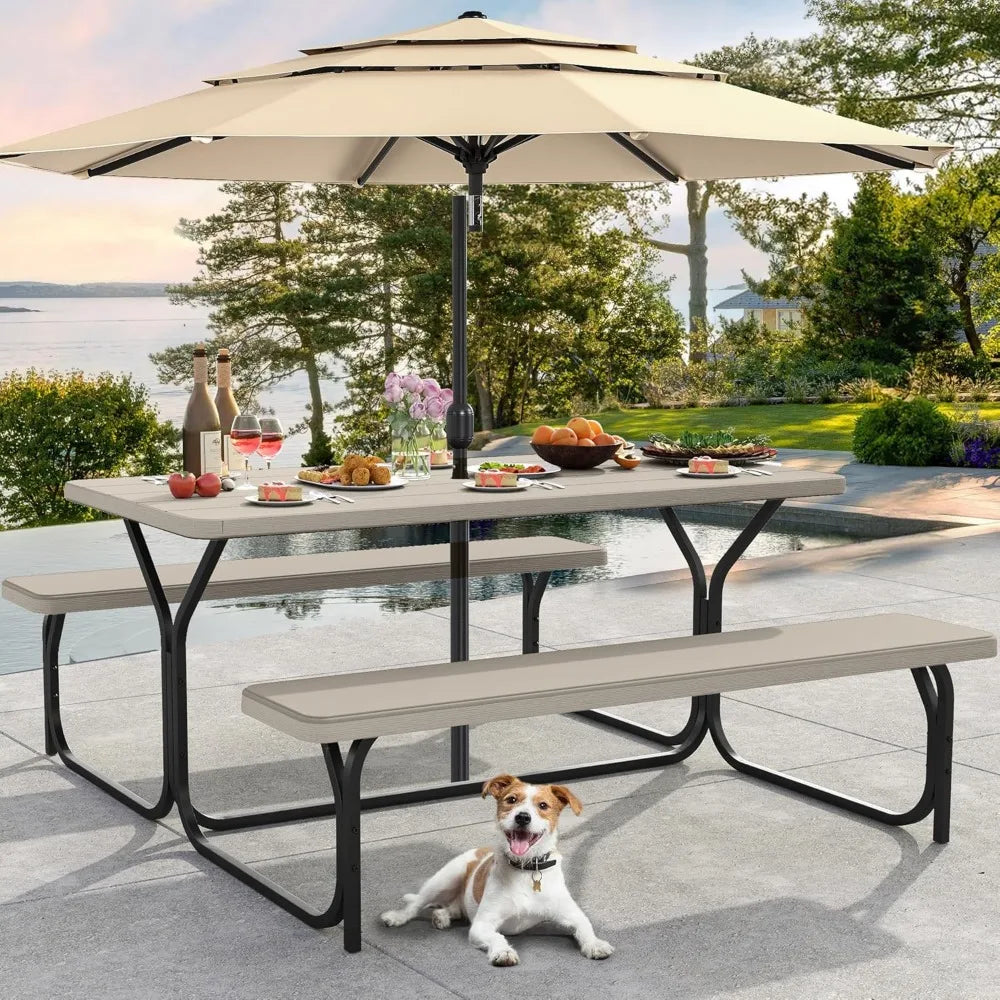 6FT Picnic Table And Bench. W/Umbrella Hole. Resin Tabletop & Steel Frame .