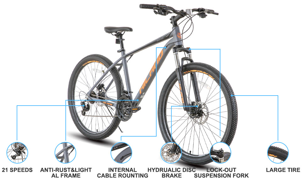 Hiland Aluminum Mountain Bike. 21 Speeds, Hydraulic Disc Brakes, Lock-Out Suspension Fork, 27.5 inch Wheel.