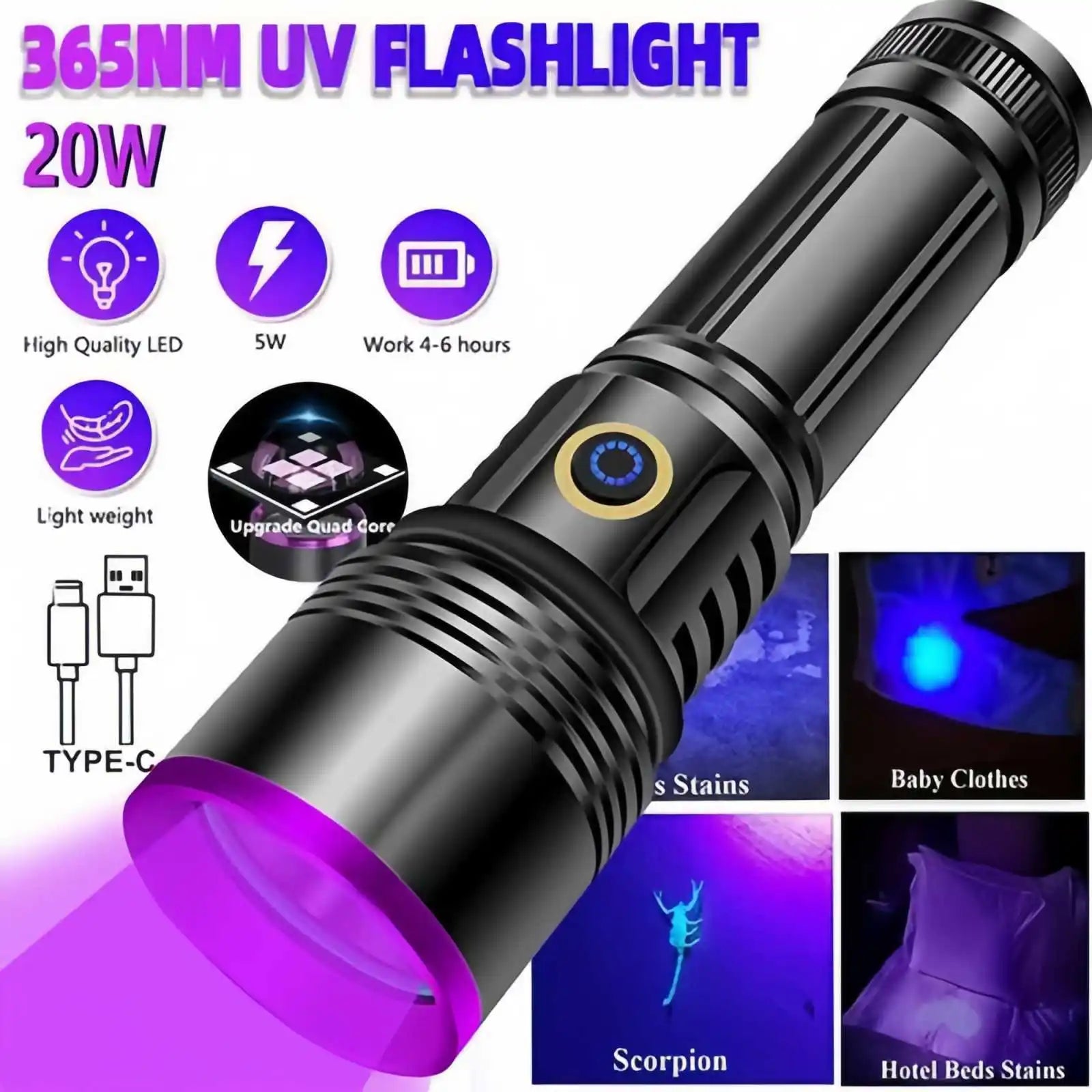 20W UV Black Light ,365nm ,USB Rechargeable | Pet Urine Detector, Stain Detector.