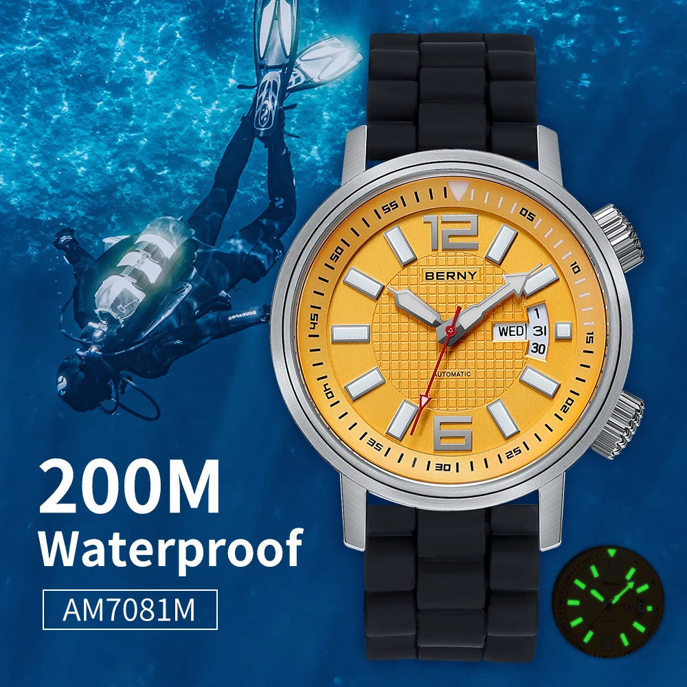 BERNY 20ATM Diver, Automatic Mechanical Watch. Luminous, Waterproof, Self Winding.