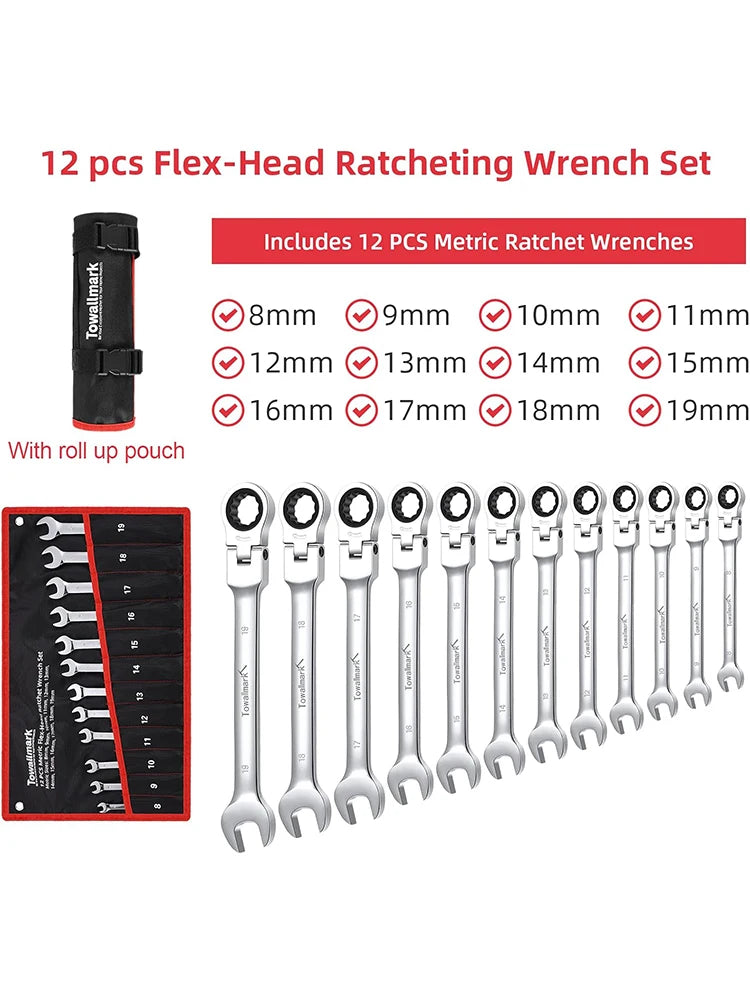 12-Piece Flex-Head Wrench Set, Ratcheting Combination Set, Metric 8-19mm, 72-Teeth,Cr-V Steel with Bag.