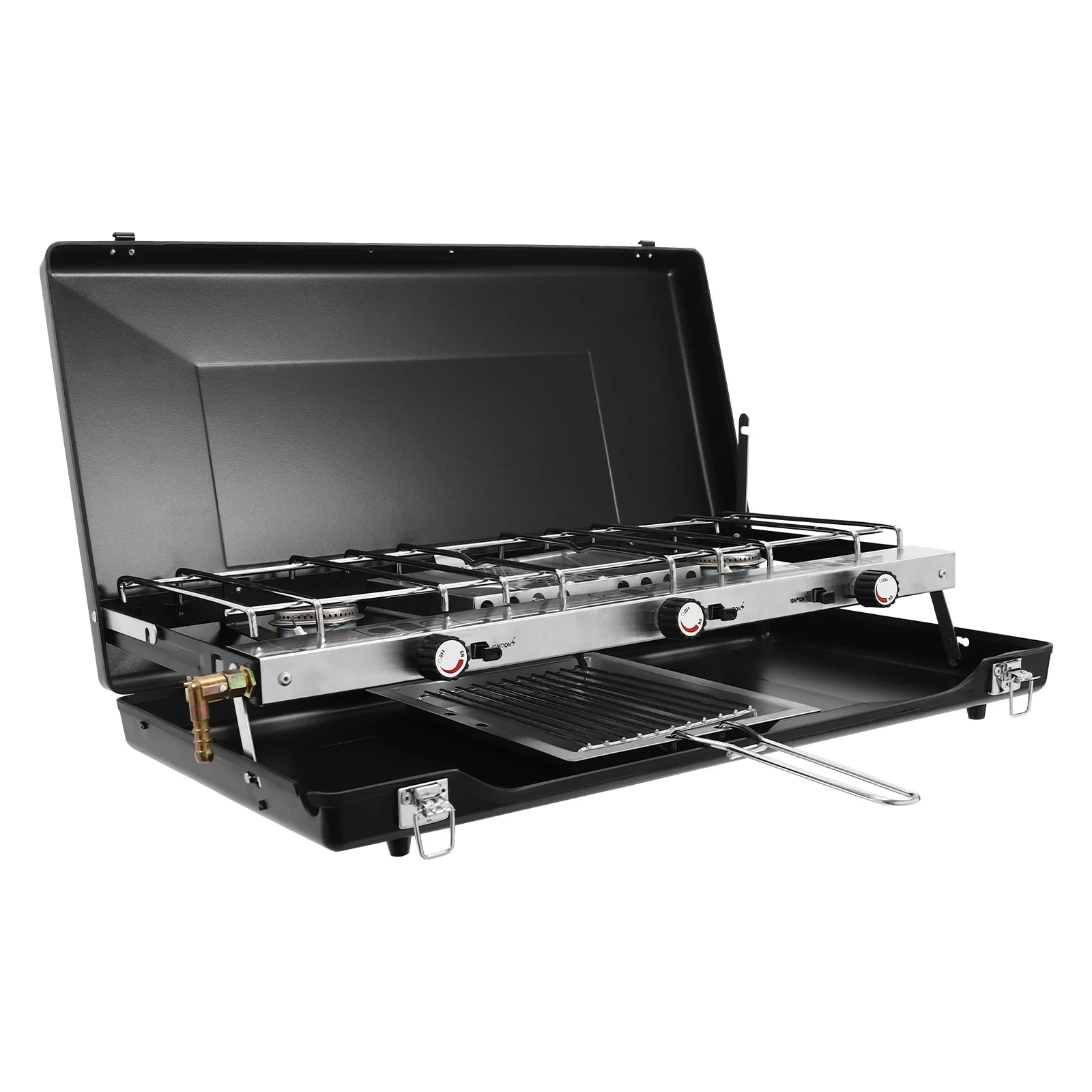 Portable Camping Stove with Griddle. 3 Burner, Propane Gas. Camping, Barbecues.