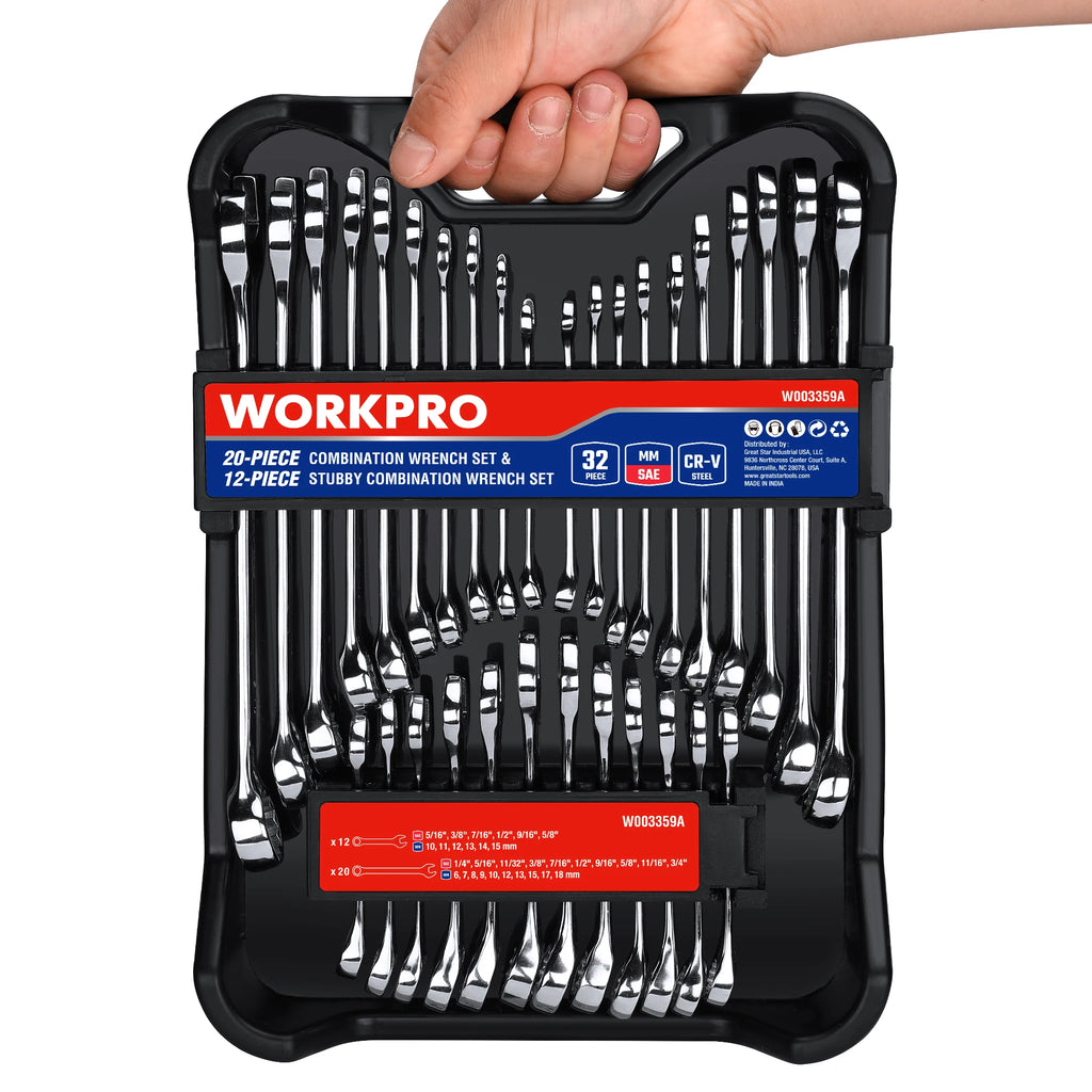WORKPRO 32-Piece SAE & Metric Combination Wrenches Set, 20-Piece Standard wrenches and 12-Piece Stubby Wrenches with Organizer.
