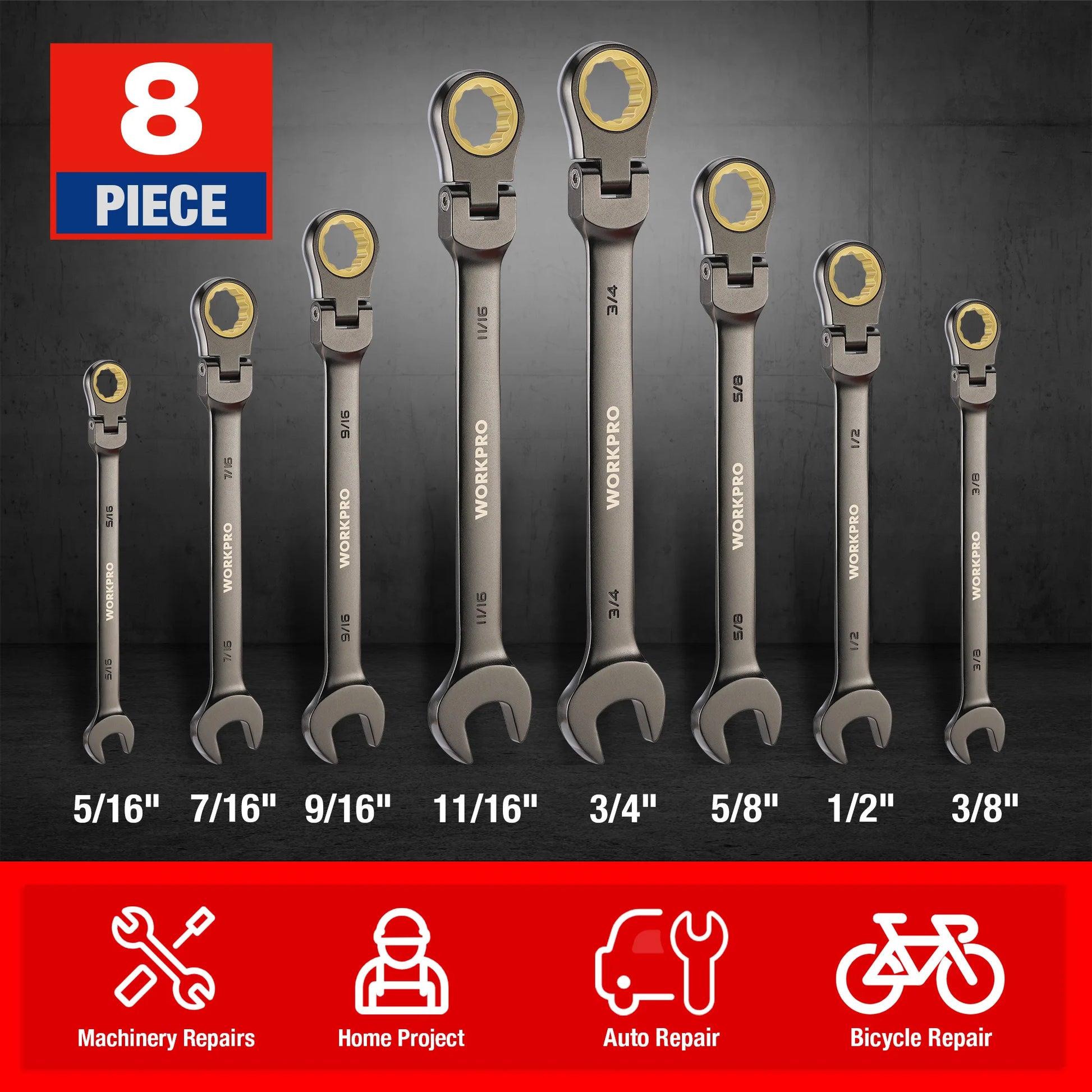 WORKPRO 8pcs - Flex-Head - Ratcheting - Combination Wrench Set. SAE 5/16-3/4 In.