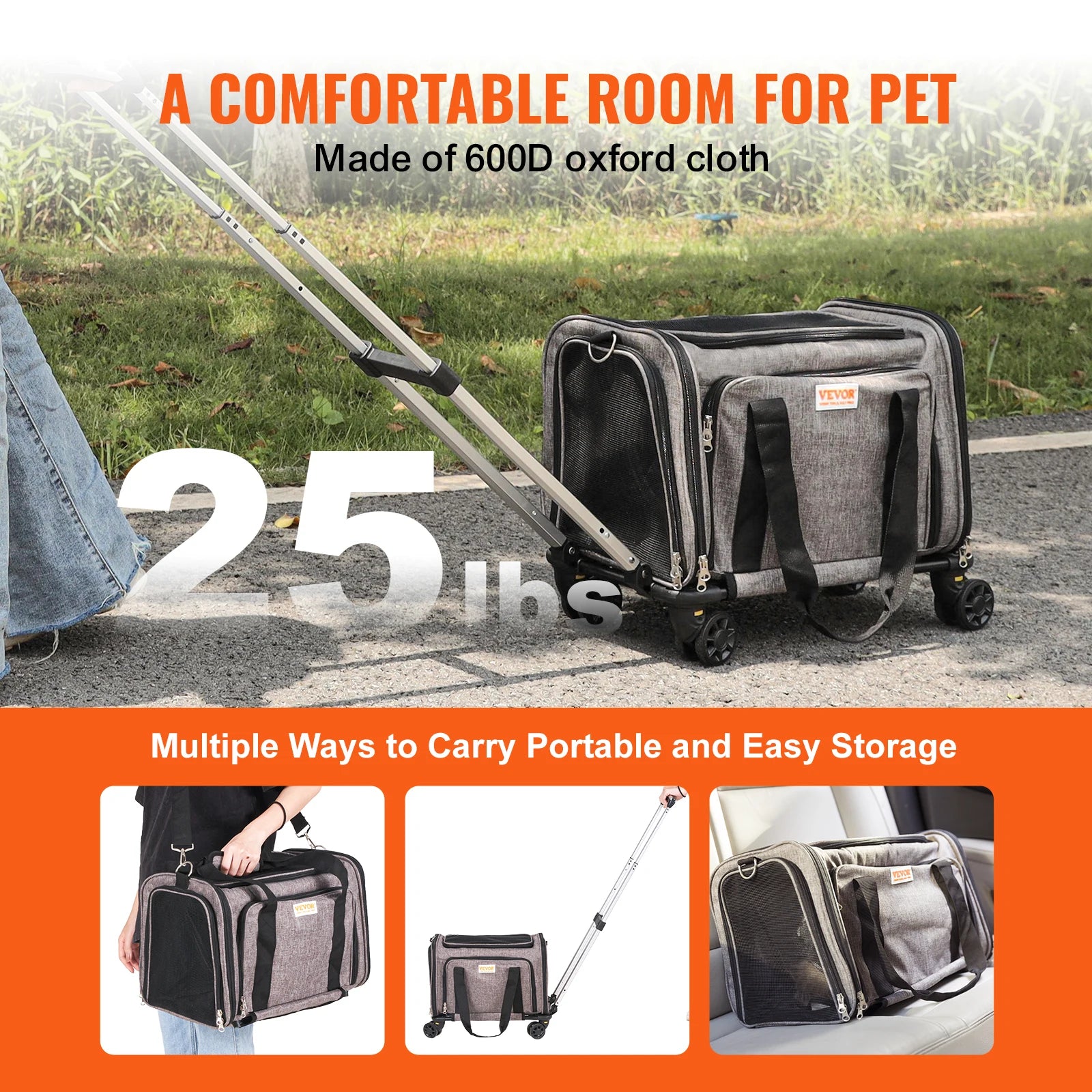Pet Carrier- Breathable Backpack With Telescopic Handle- Wheels And Shoulder Strap.