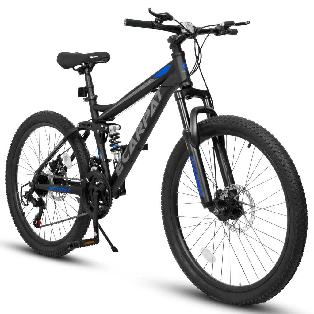 Ecarpat Dual Full Suspension Mountain Bike. 24/26/27.5 Inch, 21-Speed, Disc Brakes.