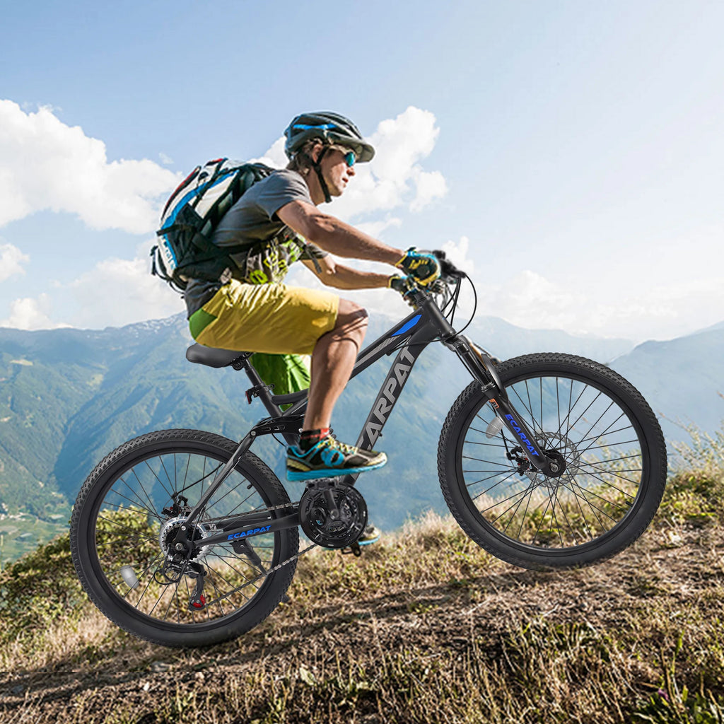 Ecarpat Dual Full Suspension Mountain Bike. 24/26/27.5 Inch, 21-Speed, Disc Brakes.