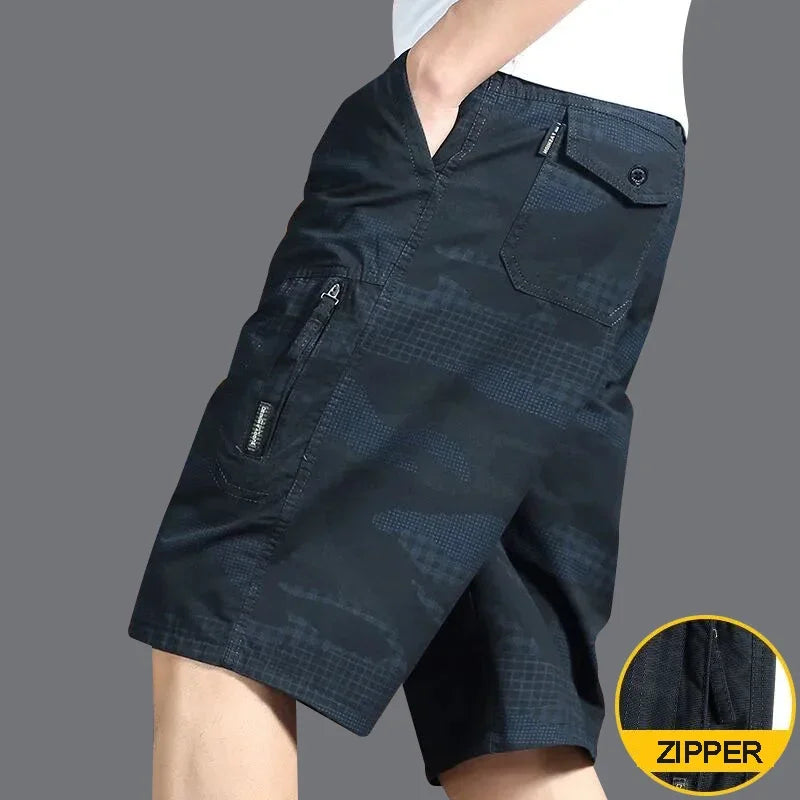 Classic Cargo Shorts, Zipper Pocket, Casual Knee Shorts. Cotton.