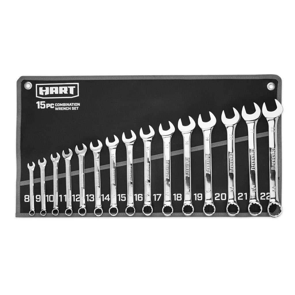 HART 15-Piece Metric Combination Wrench Set with Tool Pouch, Chrome Finish, Sizes 8-22mm.