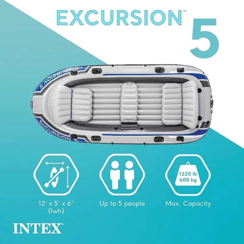 5 Person Inflatable Boat . 2 Aluminum Oars, Air Pump, Motor Mount Kit.