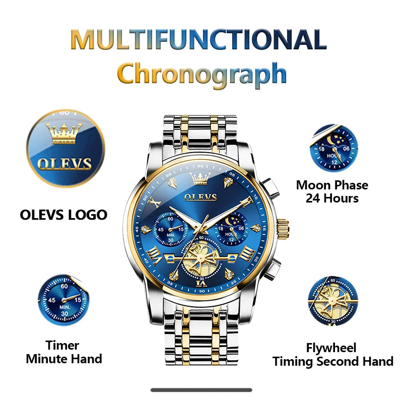 OLEVS Men's Classic, Multifunctional, Chronograph, Quartz Wristwatch. Moon Phase, 24 Hour, Waterproof.