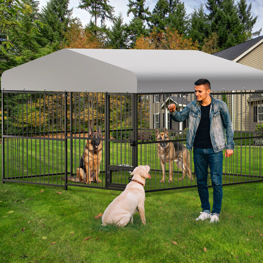 10X10X6FT Large Outdoor Dog Kennel With Roof, Safety Locks, UV & Water Resistant Cover.