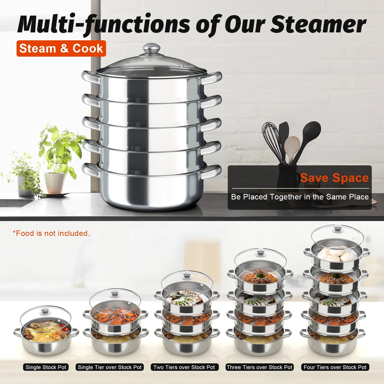 5 Tier Steam Cooker. Stainless Steel. Silver W/Glass Lid.
