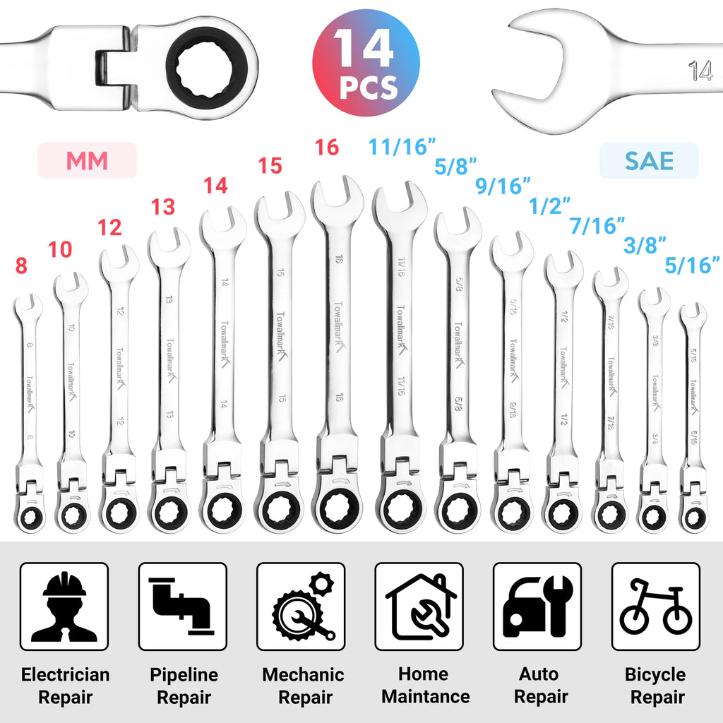 14pcs Ratcheting Wrench Set, Metric Flex Head, Combination, Cr-V Steel With Pouch.