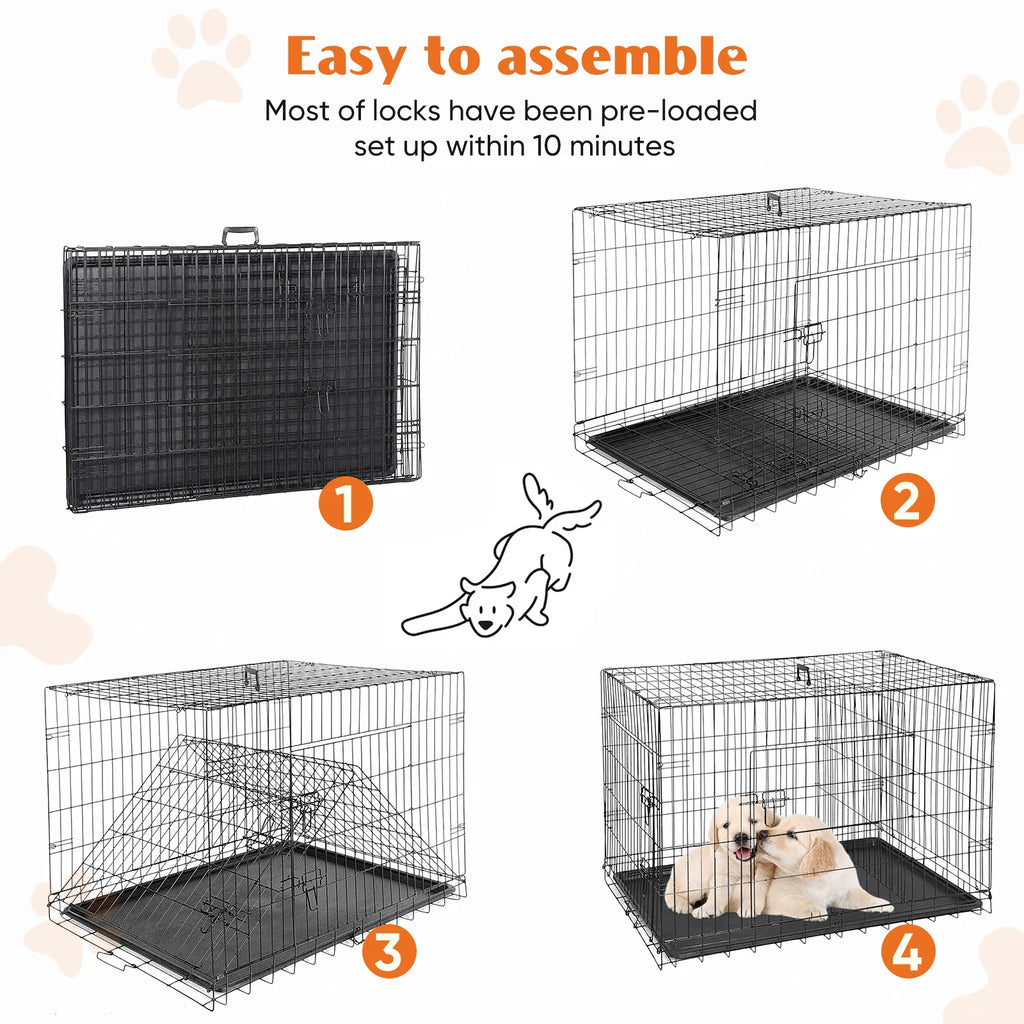 JHK Double Door Folding Metal Wire Dog Cage with Plastic Leak-Proof Tray. Extra Large Pet Kennel for Indoor Outdoor Travel.