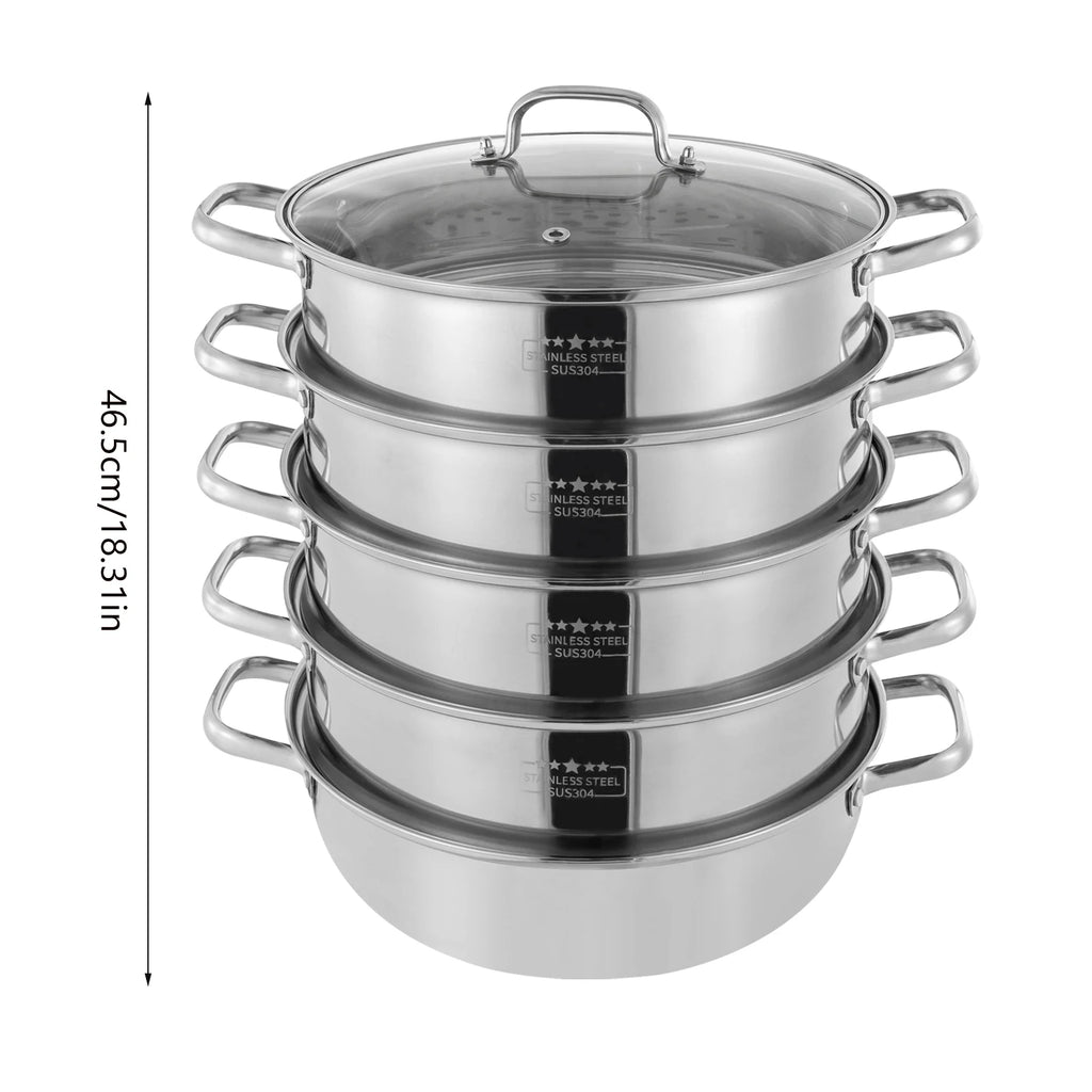 5 Tier Steam Cooker. Stainless Steel. Silver W/Glass Lid.