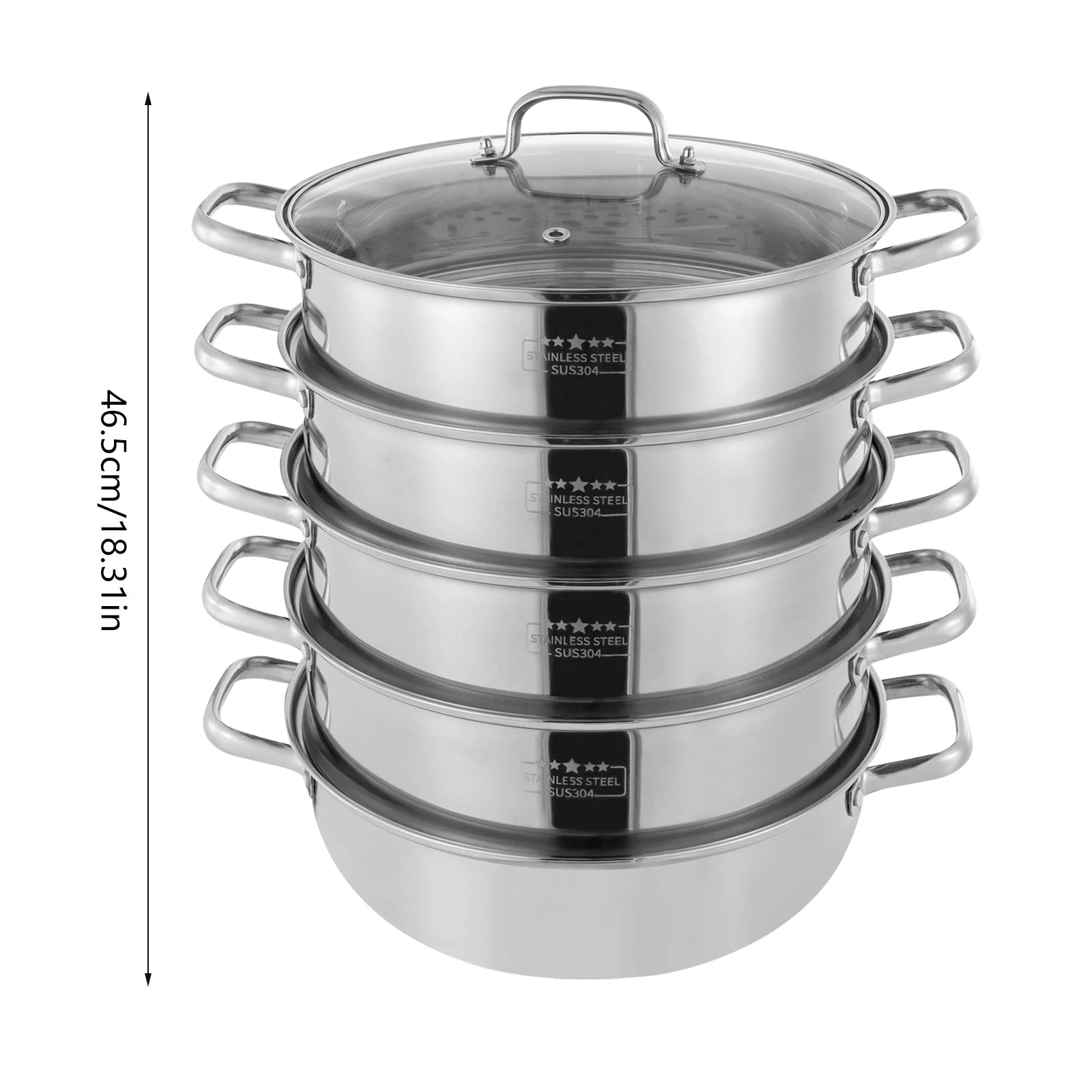 5 Tier Steam Cooker. Stainless Steel. Silver W/Glass Lid.