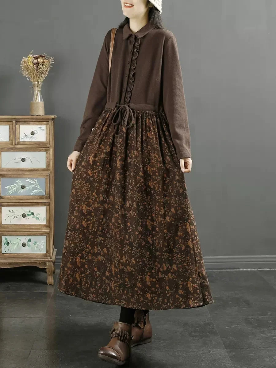 Retro Floral Patchwork Turn-down Collar Long Dr Women's Autumn New Sle Wooden  Sensation Belted A-line Skirt Dr