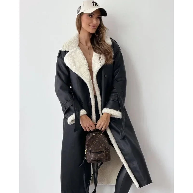 Women's Coat. Fashionable Faux Fur. Lapel Collar.