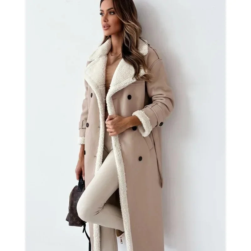 Women's Coat. Fashionable Faux Fur. Lapel Collar.