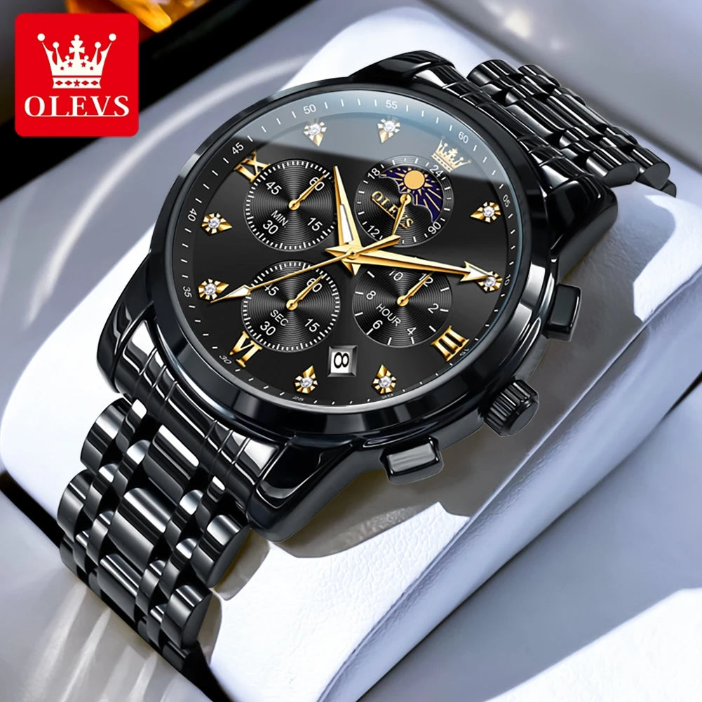 OLEVS Luxury Men's Watches. Moon Phase, Chronograph, Quartz, Gold Stainless Steel, Luminous.