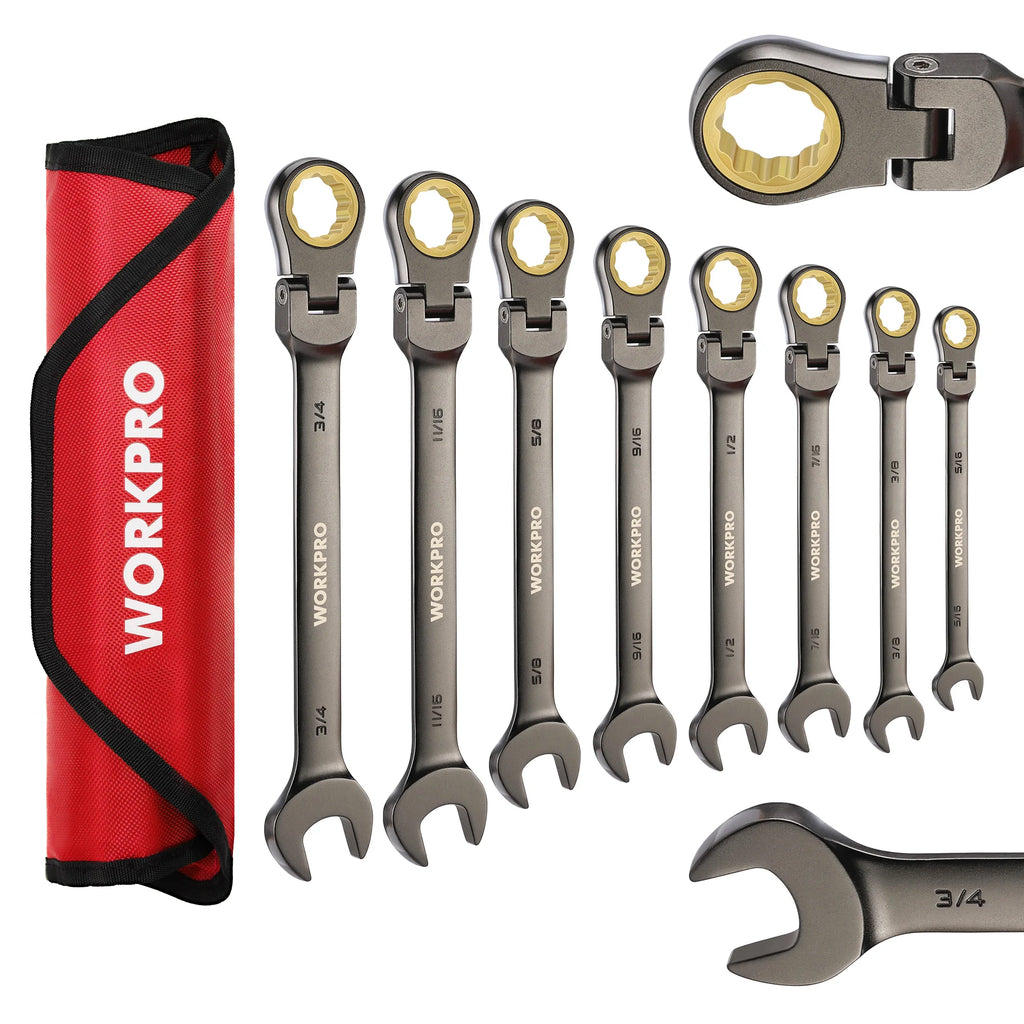 WORKPRO 8pcs - Flex-Head - Ratcheting - Combination Wrench Set. SAE 5/16-3/4 In.