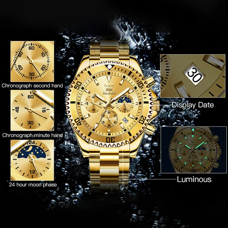 OLEVS Men's Top Brand Luxury Watch. Waterproof, Stainless Steel, Chronograph, Moon Phase, Date.