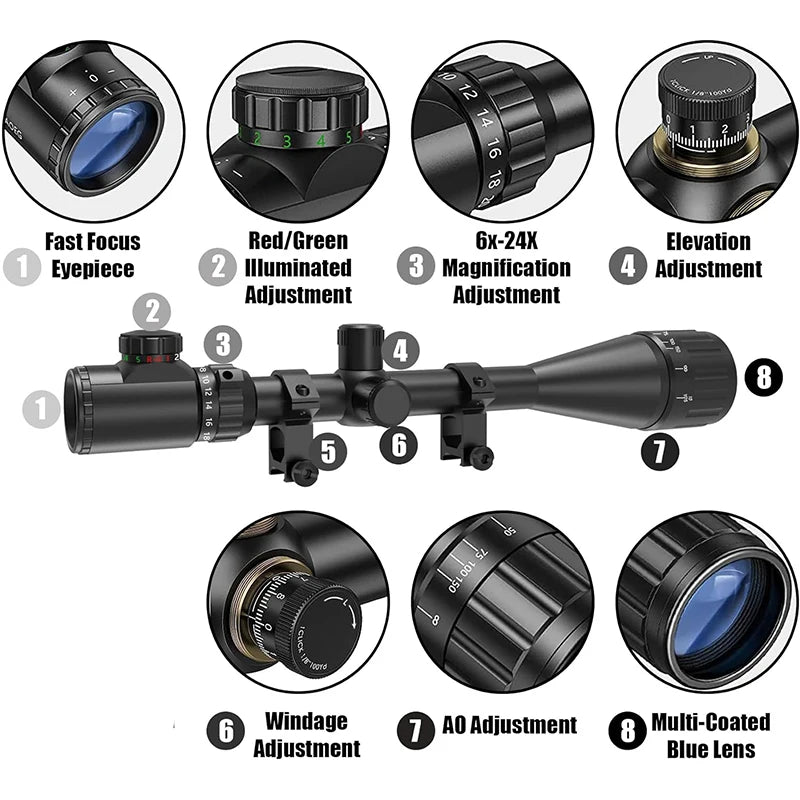 6-24x50 AO Rifle Scope. Hunting, Long-Range Scope. Illuminated Red/Green Reticle.