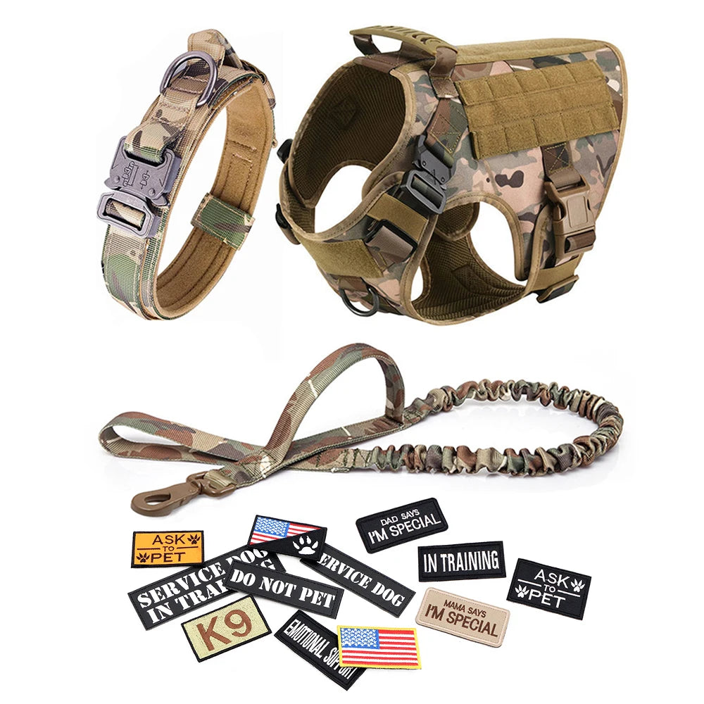 Dog Harness, Leash, Collar, Patches Set for Medium - Large Dogs. Adjustable Tactical Dog Harnesses.