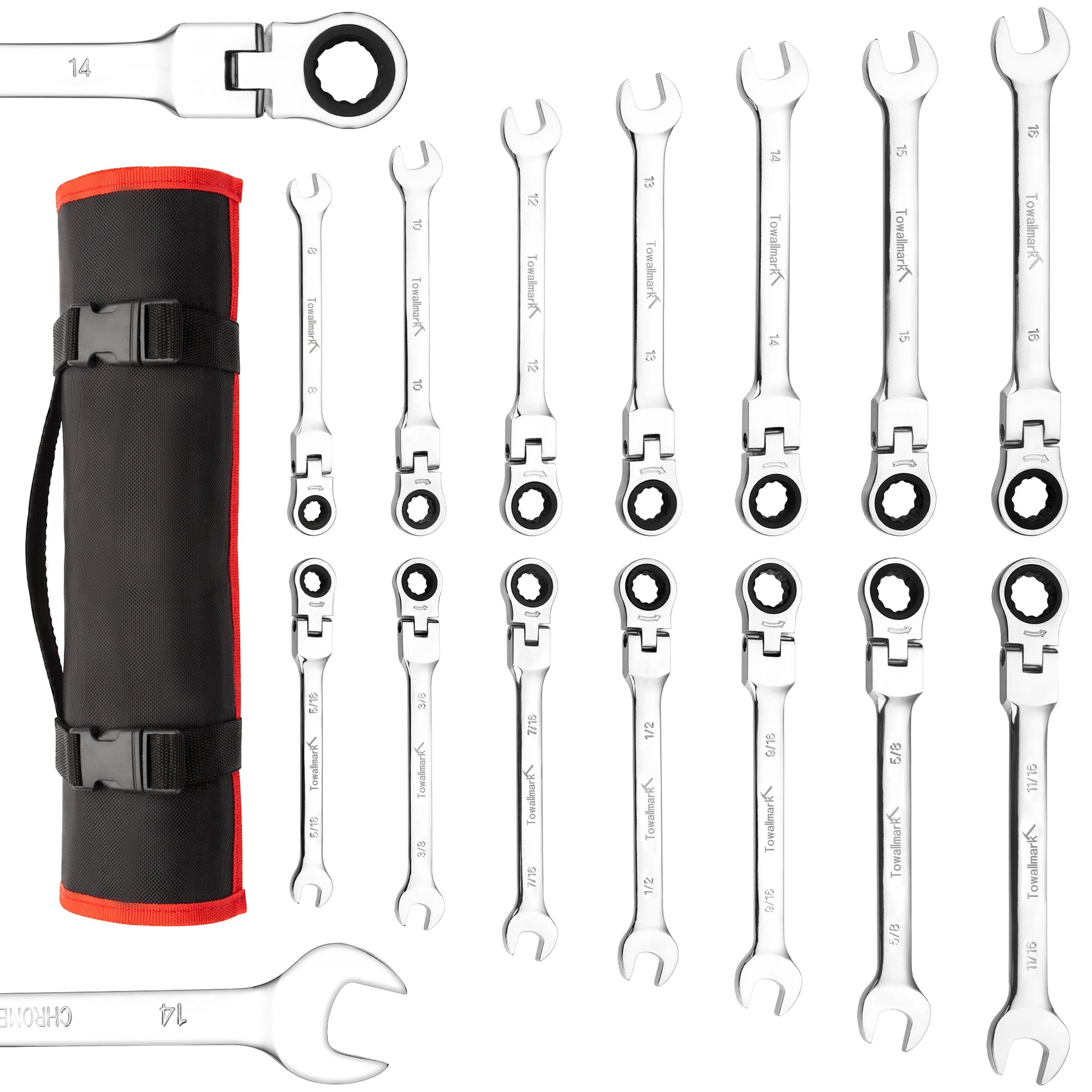 14pcs Ratcheting Wrench Set, Metric Flex Head, Combination, Cr-V Steel With Pouch.