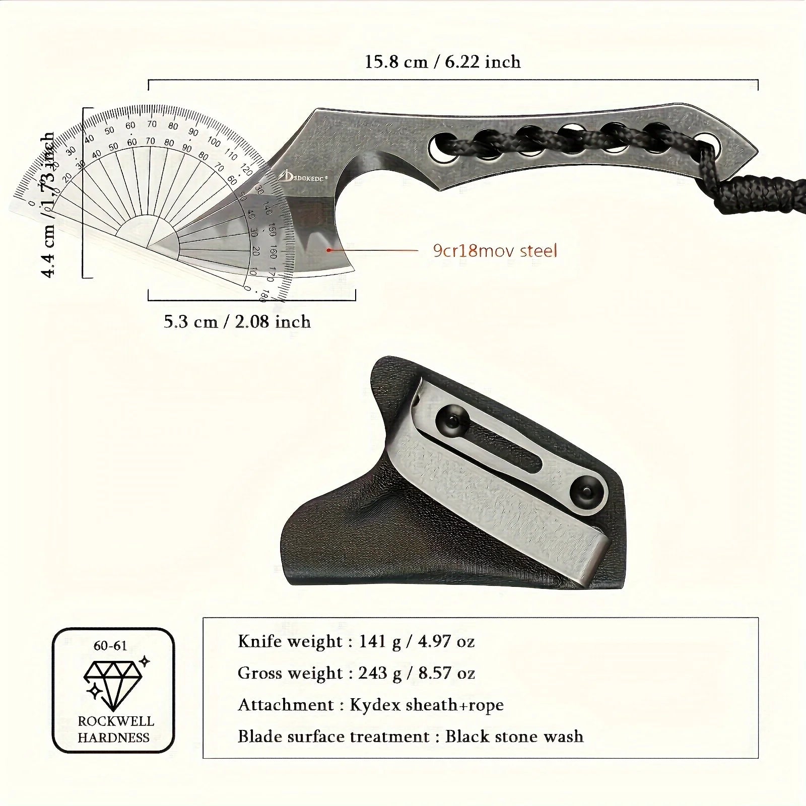 Camping axe with K sheath. 9cr18mov steel, emergency equipment.