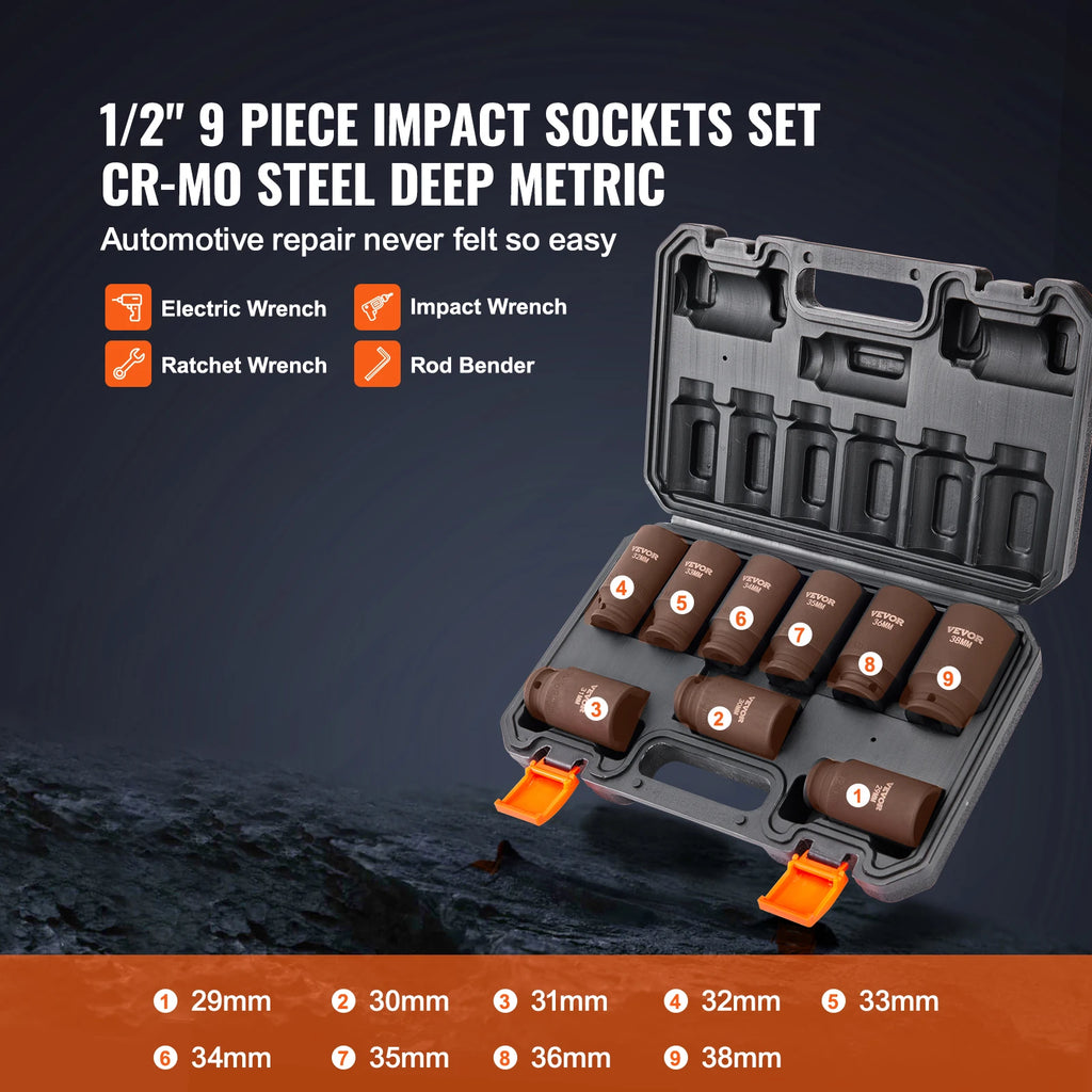 SucceBuy 1/2" Drive Impact Socket Set. 9 Piece Deep Socket, Metric, Cr-Mo Cr-V Steel.