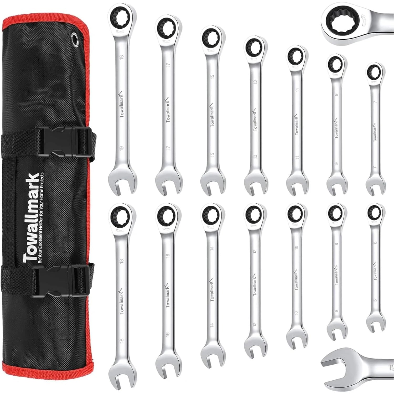 Ratcheting Wrench Set - 14pcs, Metric, Fixed Head, 6-19mm, Cr-V Steel Ratchets with Storage Bag.