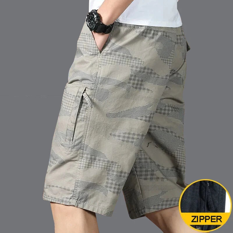 Classic Cargo Shorts, Zipper Pocket, Casual Knee Shorts. Cotton.