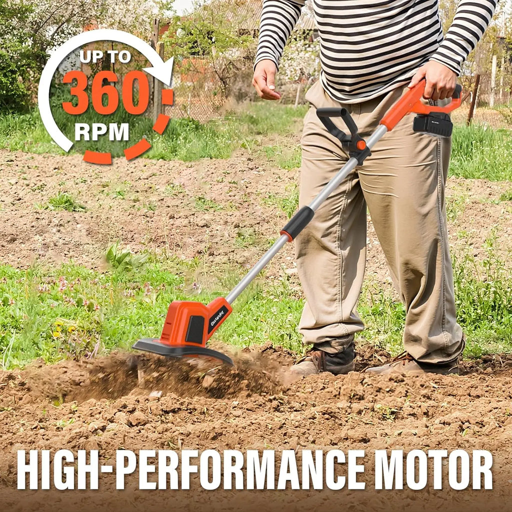 20V Cordless Tiller, 9-Inch with 48 Steel Tines, 360RPM Battery Powered.