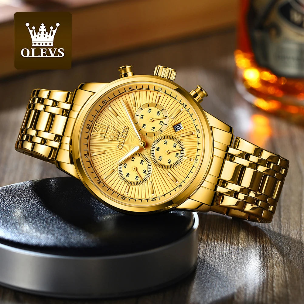 OLEVS Men's Luxury Gold Fashion Wristwatch. Stainless Steel - Waterproof - Luminous - Chronograph Date - 24 Hour Display.