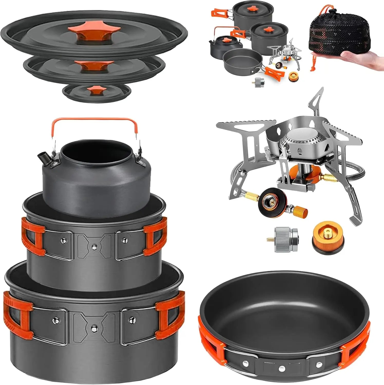Camping Cookware Set with Stove - All in One, Non-Stick .