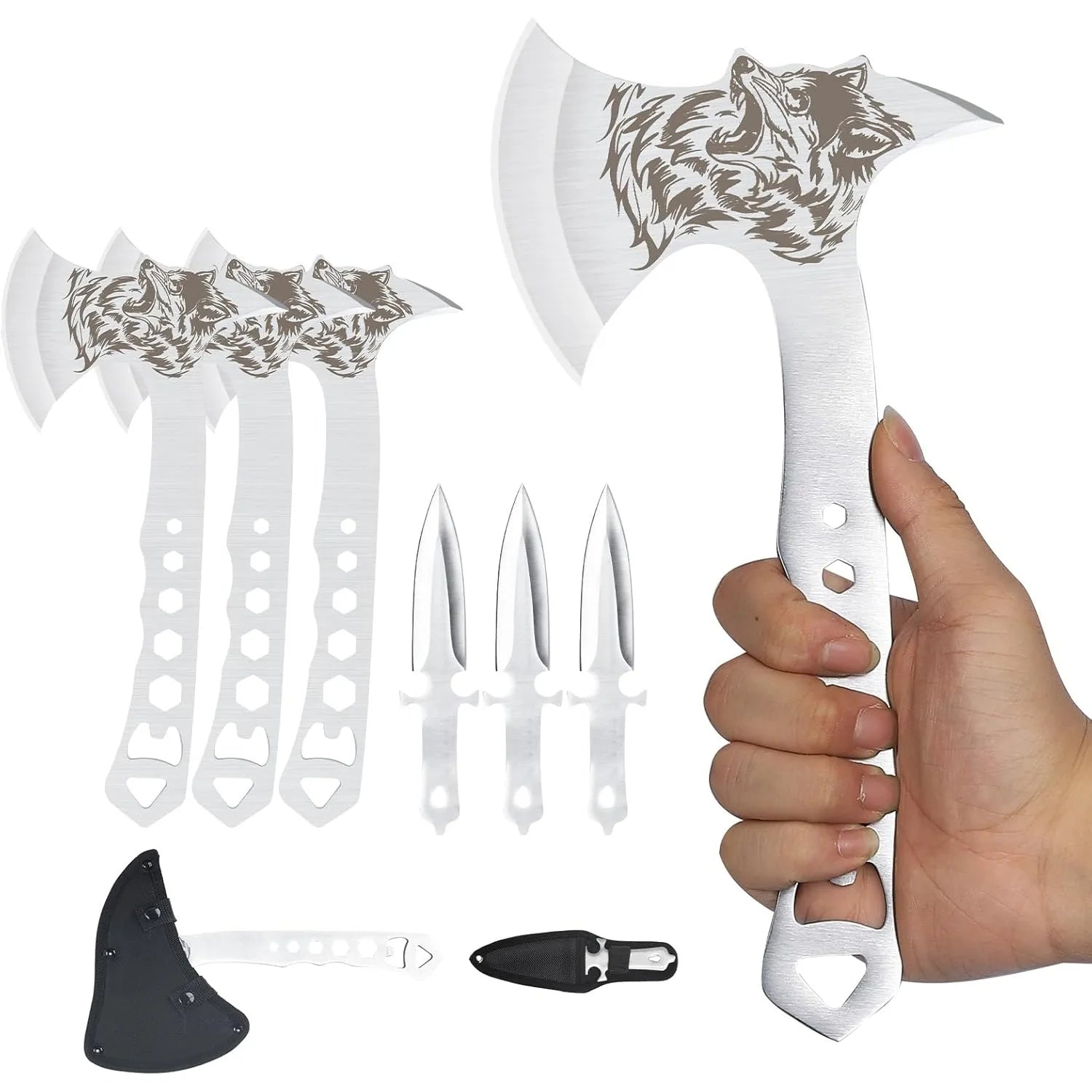 3-Pack Tactical Throwing Axe W/Corkscrew & Nylon Sheath, Stainless Steel .