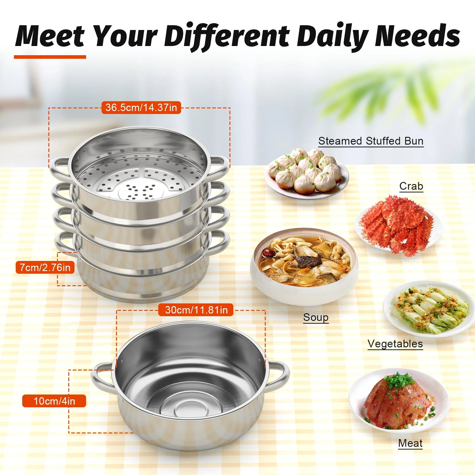 5 Tier Steam Cooker. Stainless Steel. Silver W/Glass Lid.
