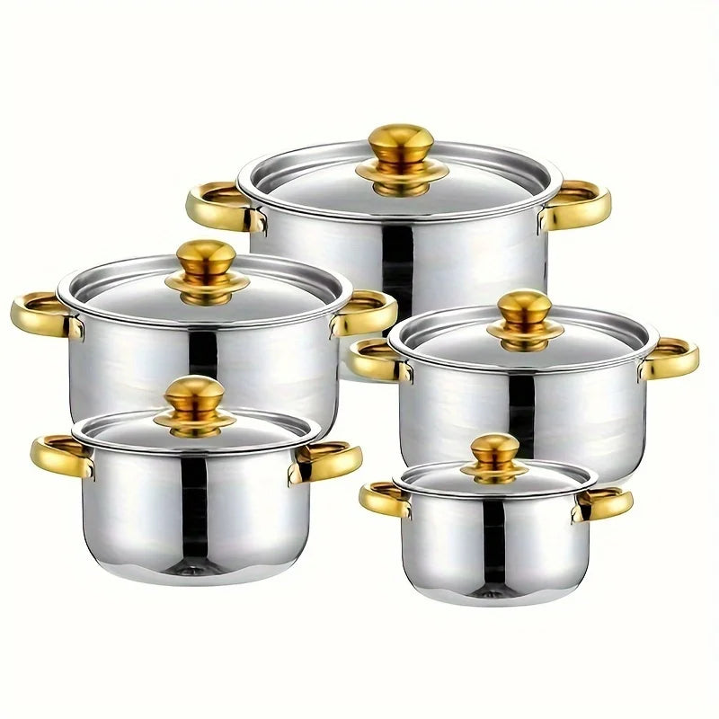 5-Piece Golden Stainless Steel Cookware Set - Durable, Multi-Purpose, Easy to Clean.