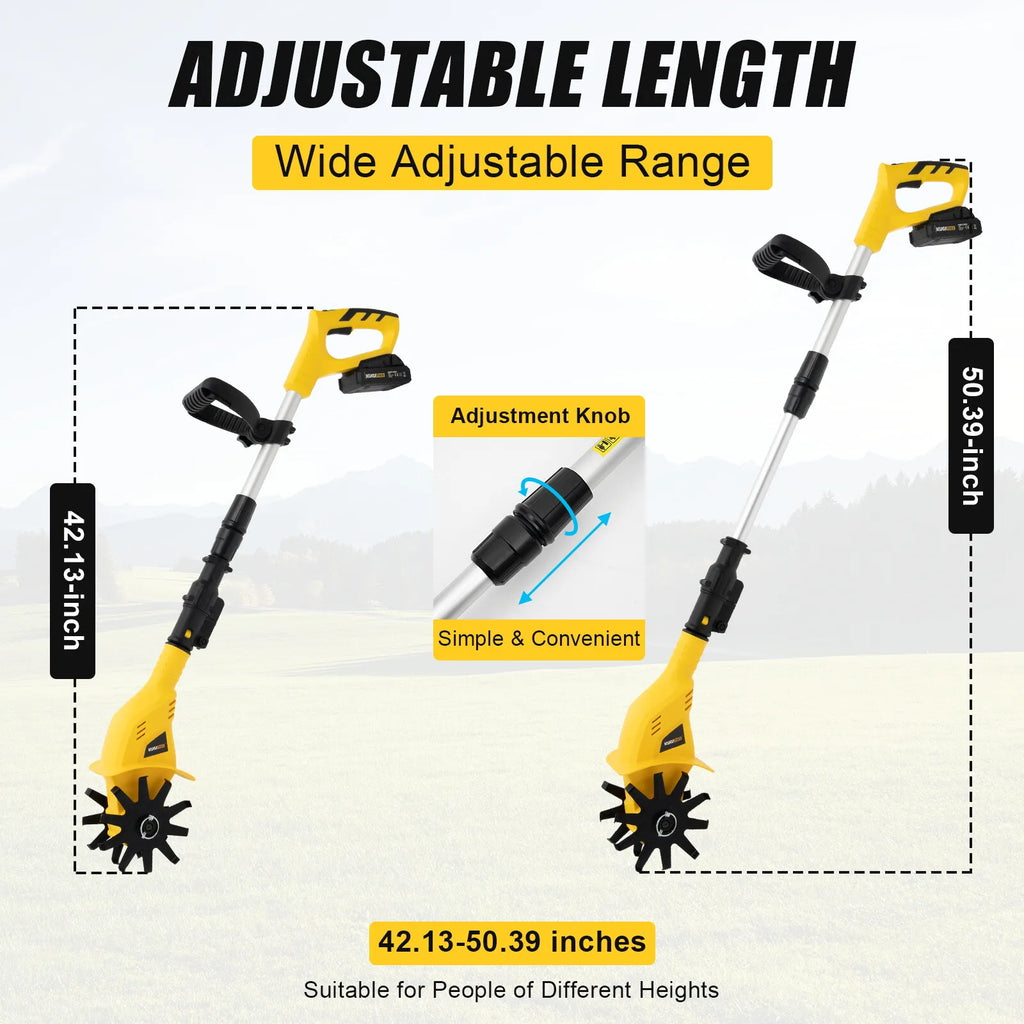 20V Cordless Electric Rototiller, Adjustable Height, 6.7Inch Tilling Depth, Lightweight.
