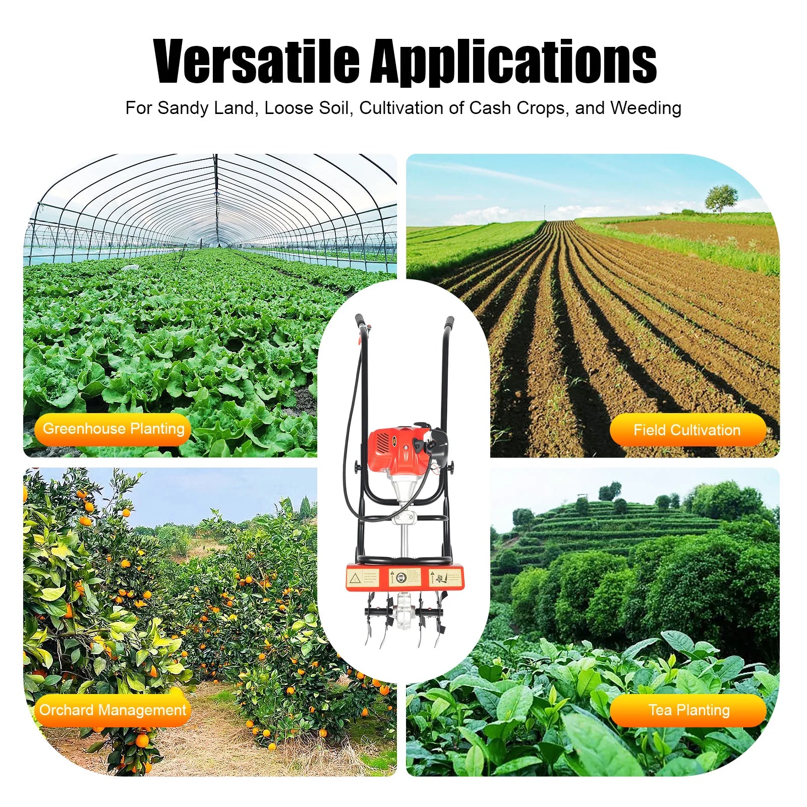 Hand-Pushed Micro-Tiller -1.9kw 52cc 2-Stroke Engine, 0.2gal Fuel Tank.