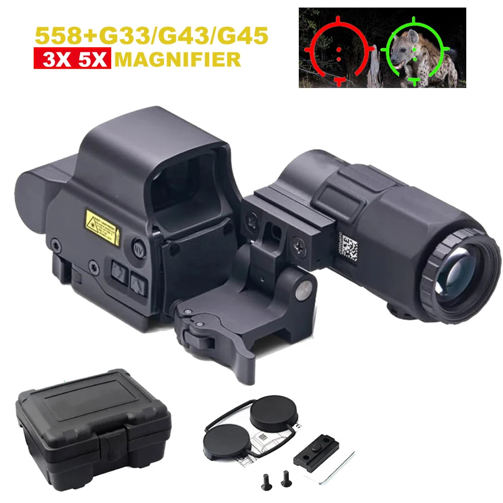 558+G43 Holographic Collimator Sight. 558+G33/G45 Red Dot Optic Sight. W/20mm Rail Mounts&Quick Detach Lever.
