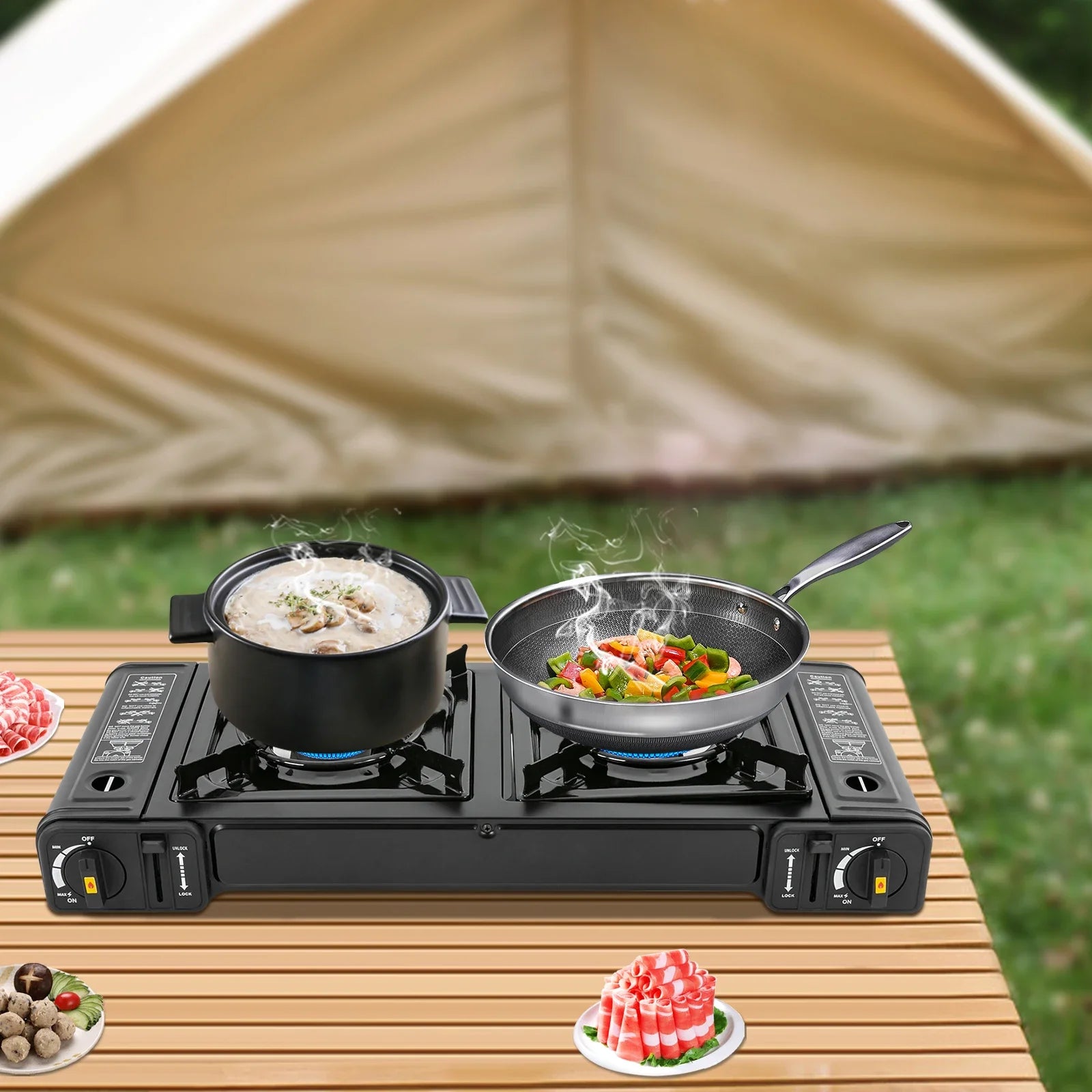 Portable Stove, 2 Burners, Butane, Carrying Case, Auto Ignition .