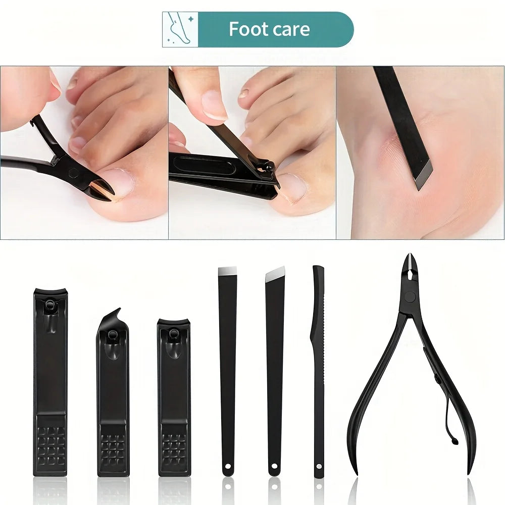 8/12/15/20/24pcs Black Nail Clipper Set. Pedicure, Knife, Stainless Steel, Nail Beauty Tool, Portable Travel Box.
