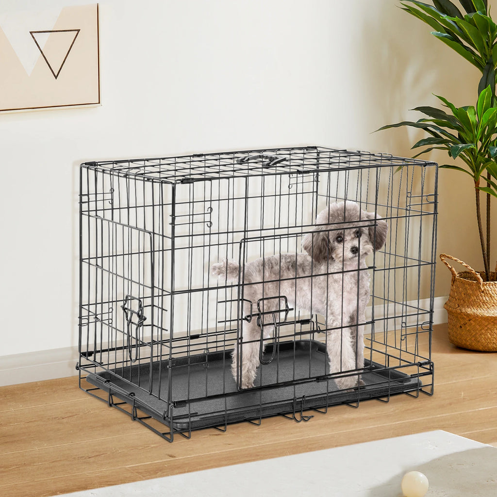 JHK Double Door Folding Metal Wire Dog Cage with Plastic Leak-Proof Tray. Extra Large Pet Kennel for Indoor Outdoor Travel.