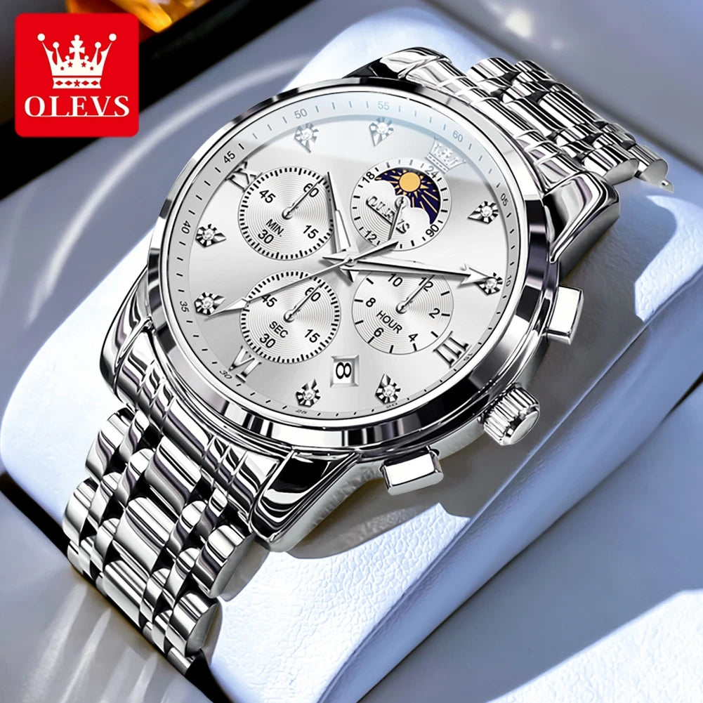 OLEVS Luxury Men's Watches. Moon Phase, Chronograph, Quartz, Gold Stainless Steel, Luminous.