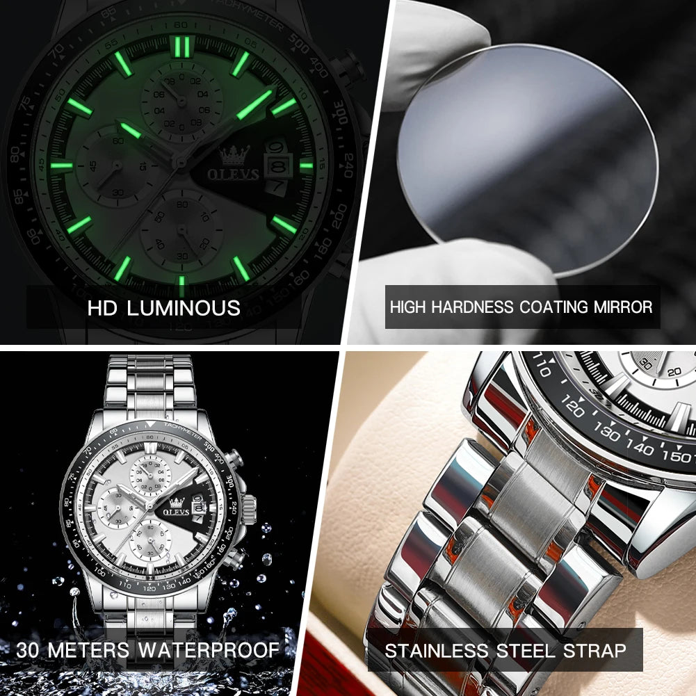 OLEVS Men's Watches, Casual Fashion, Chronograph, Waterproof, Stainless Steel, Luminous.