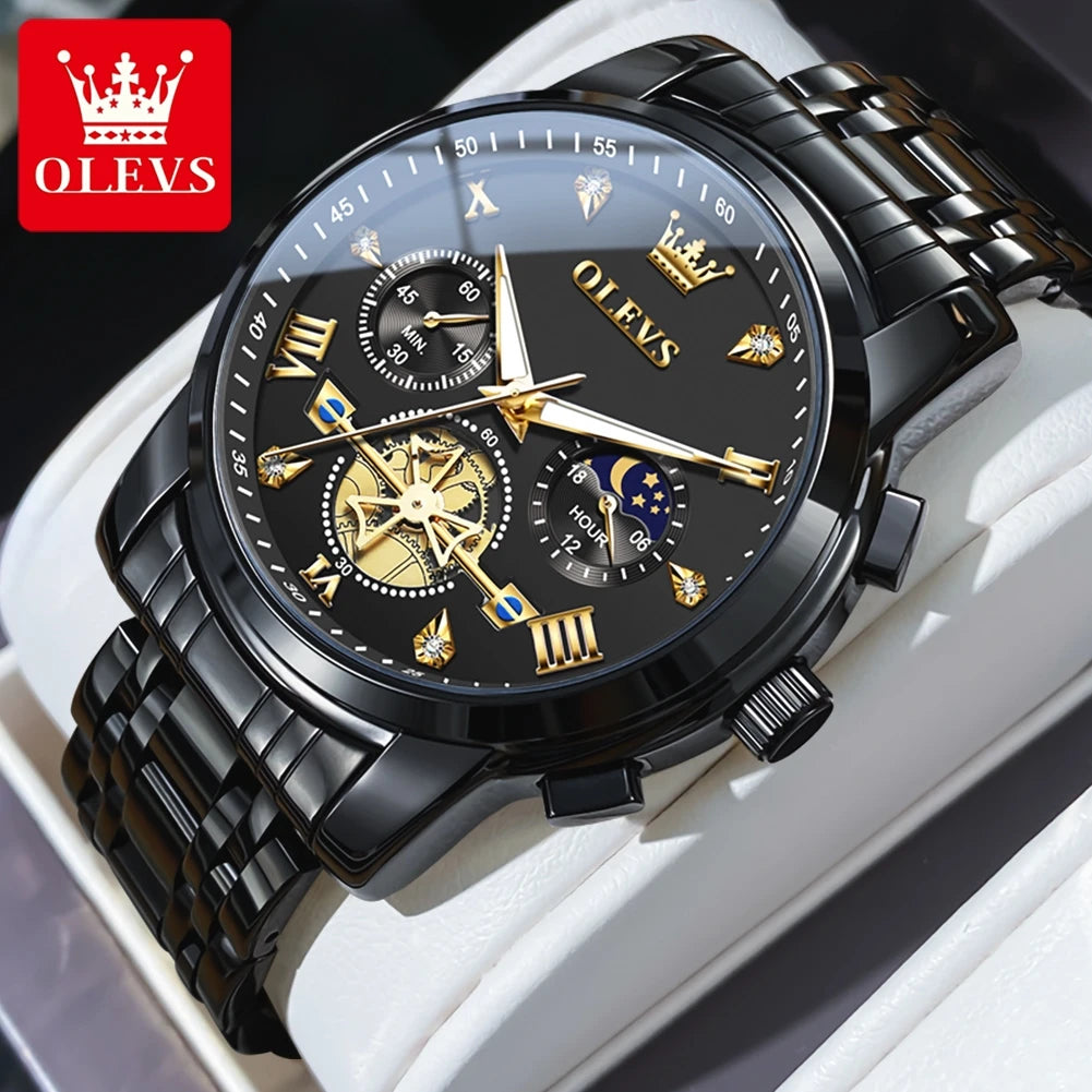 OLEVS Men's Classic, Multifunctional, Chronograph, Quartz Wristwatch. Moon Phase, 24 Hour, Waterproof.